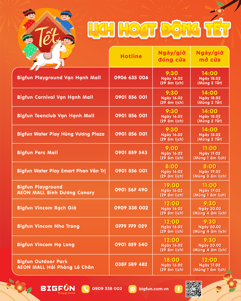 Lịch hoạt động tết 2026 tại Bigfun